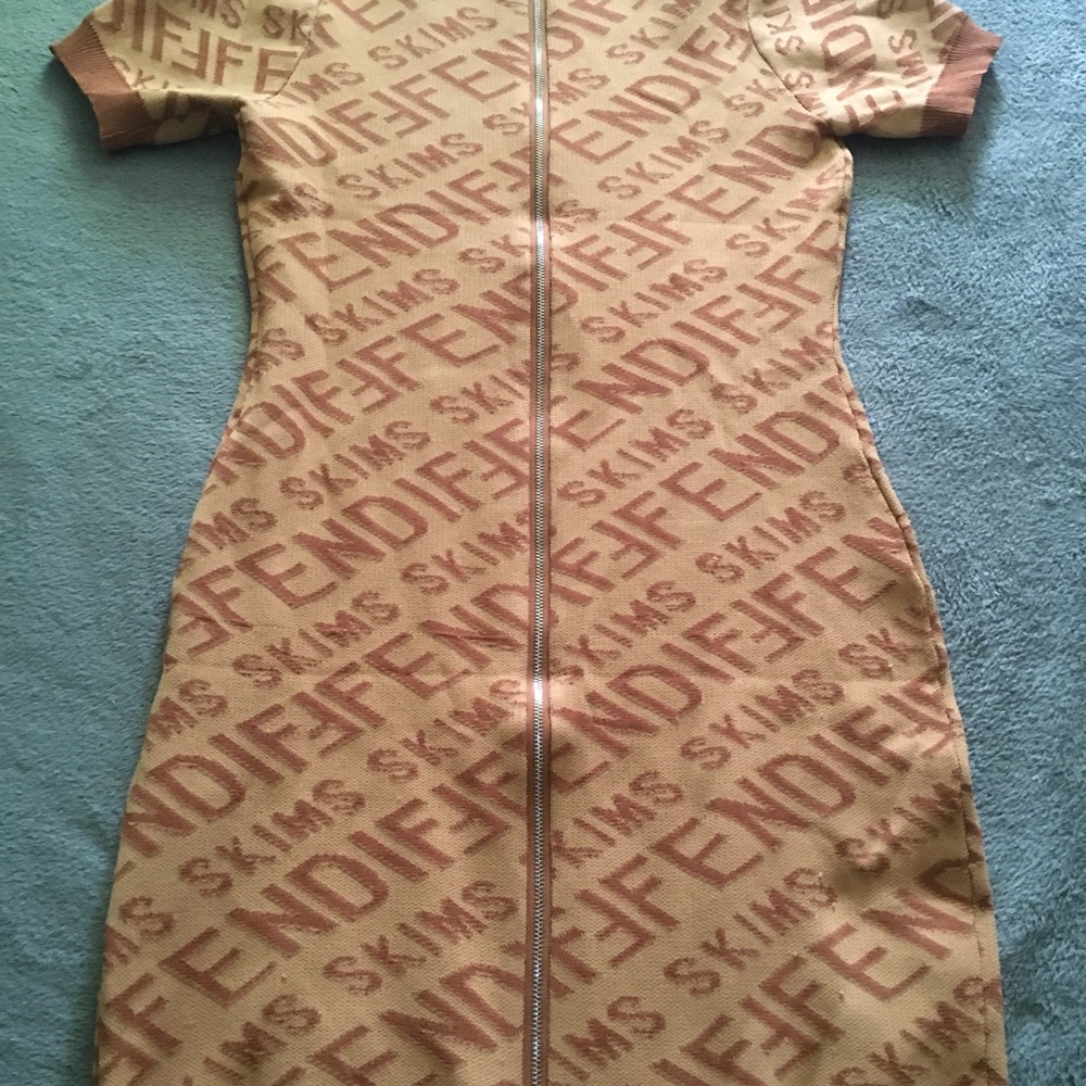 Skims Beige & Tan Logo Zip-Front Midi Dress